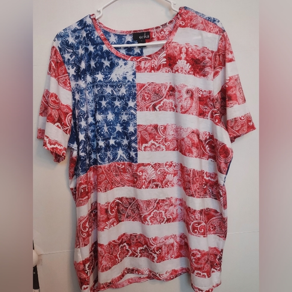 Erika American Flag T-Shirt with Embellished Stars 1X Fourth Of July Holiday